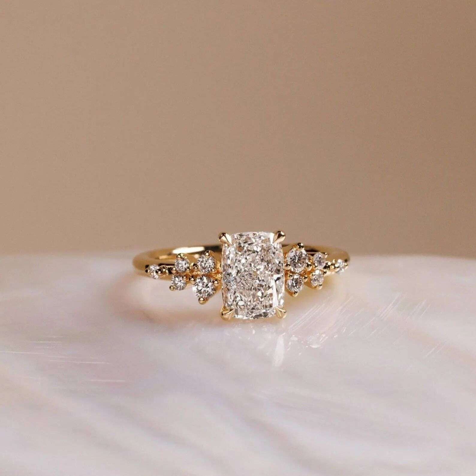 vylahjewellery Brilliant Cushion Cut Moissanite Anniversary Ring 14K Vermeil Yellow Gold with Round Diamond Accents Promise Wedding Bridal Statement Ring for Women's