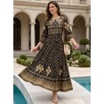 thumbnail image 3 of Women's Boho Ethnic Print Maxi Dress Crew Neck Flared Sleeve Golden Belted Vacation Beach Swing Dress, 3 of 8