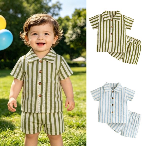 SGMVNU Baby Boys Summer Shorts Set Striped Short Sleeve Button Down Shirt and Matching Shorts 2 Piece Casual Outfits, Size 9-12 Months, Green