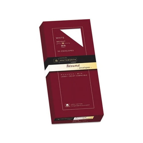 100% Cotton Resume Envelope 10, Commercial Flap, Gummed Closure, 4.13 x 9.5, White, 50/Box