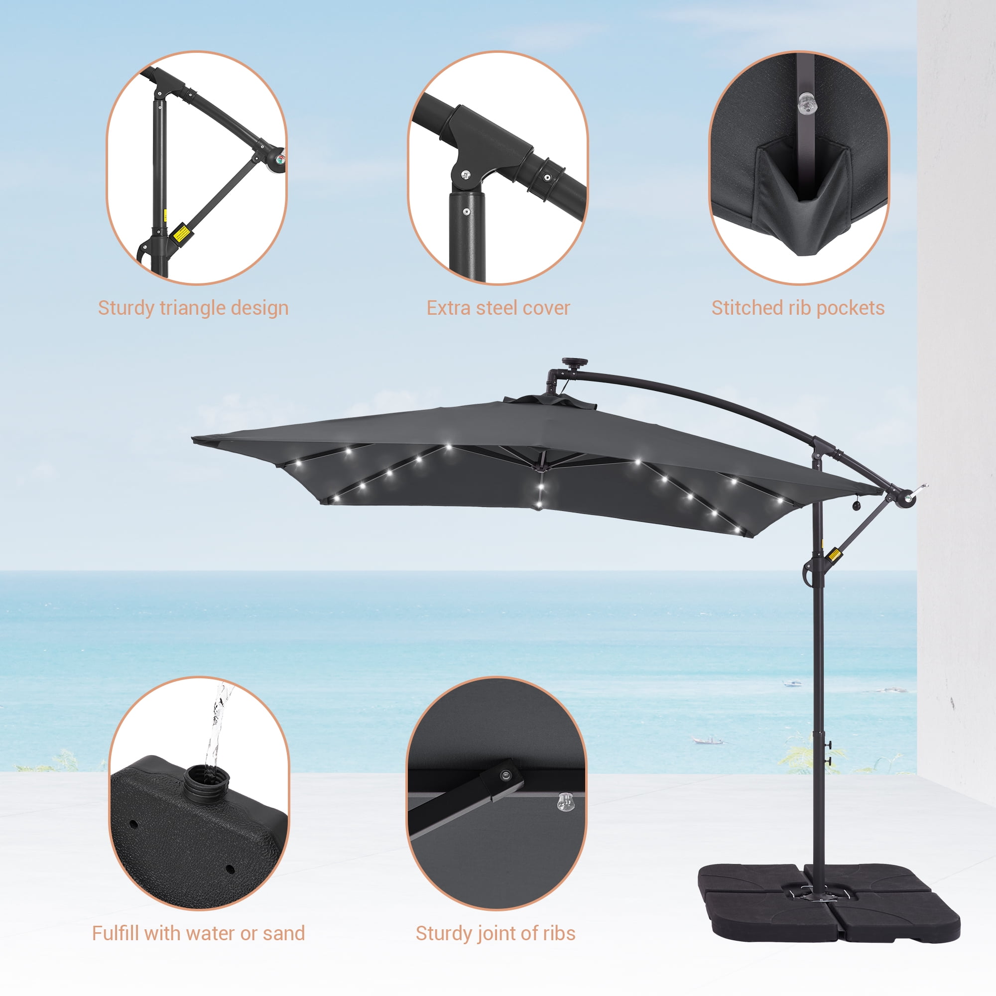 ACEGOSES 8.2x8.2ft LED Square Outdoor Patio Canopy Offset Umbrellas for Villa Gardens, Lawns and Yard,Anthracite