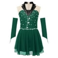 thumbnail image 3 of TTAO Kids Girls Sparkly Roller Figure Ice Skating Dress Mesh Splice Ballet Leotard Dress with Gloves Dark Green 16, 3 of 5