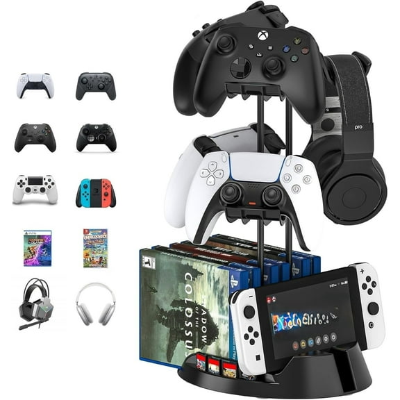 2 Tiers Desk Gaming Controller Headset Stand with Cable Organizer, Controller Holder with Organizer Base for All Xbox PS4 PS5 Switch Pro Crontroller Gaming Accessories