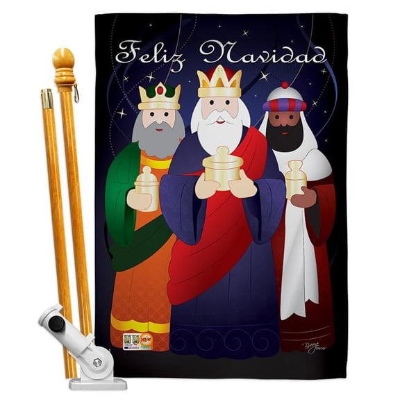 Breeze Decor BD-NT-HS-114081-IP-BO-D-IM10-BD 28 x 40 in. Feliz Navidad Winter Nativity Impressions Decorative Vertical Double Sided House Flag Set & Pole Bracket Hardware