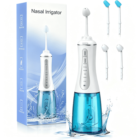 Electric Nasal Irrigator Portable Rechargeable Nasal Wash Machine with 5 Pressure Modes, 4 Nozzles, 350ml Water Tank, 360° Rotatable Tip for Adults & Kids, Relieve Allergic Rhinitis Sinus Congestion