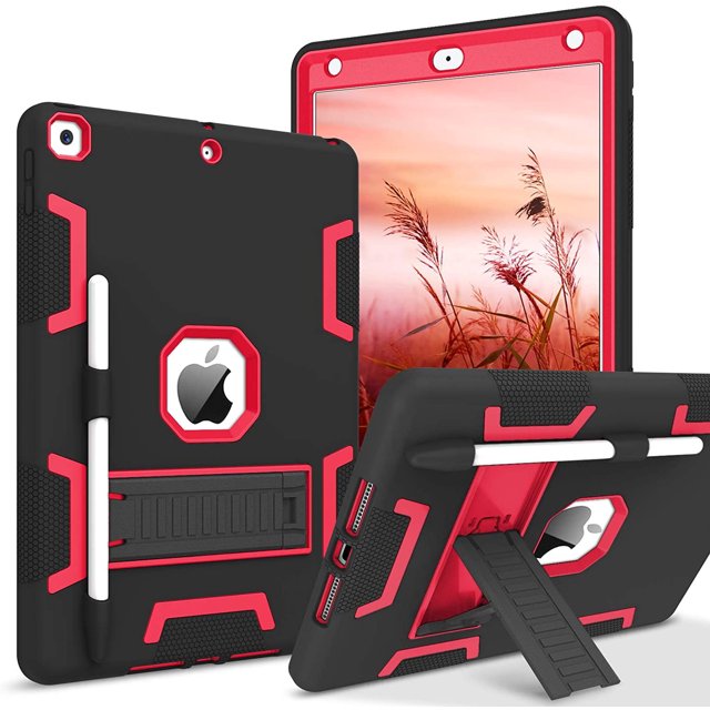 Funda para iPad de 9.ª generación, iPad de 8.ª generación, iPad de 7.ª generación, iPad de 10.2" (2021/2020/2019), 3 en 1, resistente, antiarañazos, con soporte para lápiz, color negro/rojo