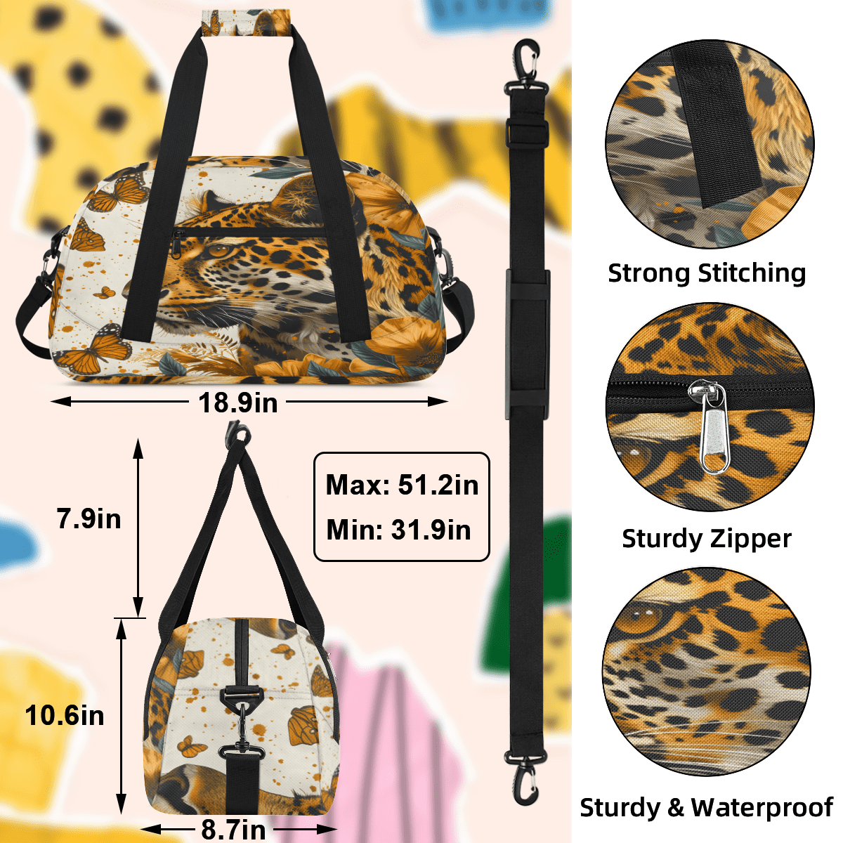 Herdesigns Leopard Sports Duffle Bag for Women & Men, Butterfly Leopard Print Gym Bag Dance Bag Overnight Bag Carry On Weekender Travel Bag