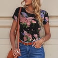 thumbnail image 6 of KLL Women 's Crew Neck Bodysuit Jumpsuits Bouquet Print Short onesies Stretch T Shirts, 6 of 7