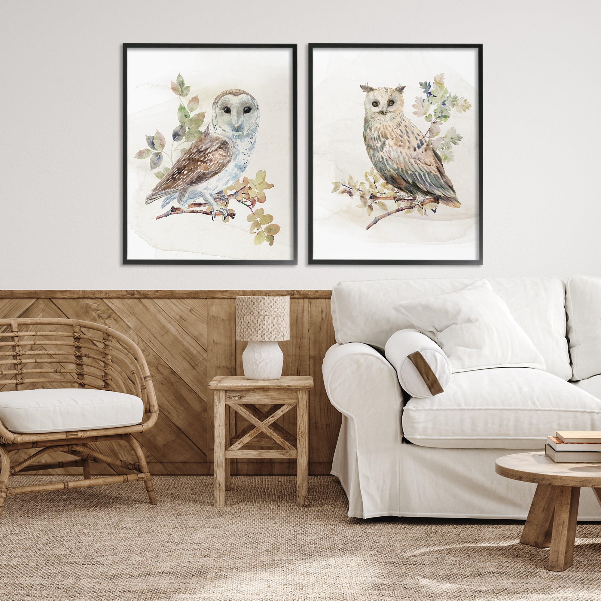 Stupell Industries Owls Perched in Foliage 2 Piece Black Framed Giclee Art Set, design by CAD Designs