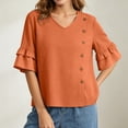 thumbnail image 6 of ClodeEU Women's V Neck Flared 3/4 Sleeve Blouse,Asymmetric Side Button Solid Color Casual Top Orange,Women's Plus M, 6 of 8