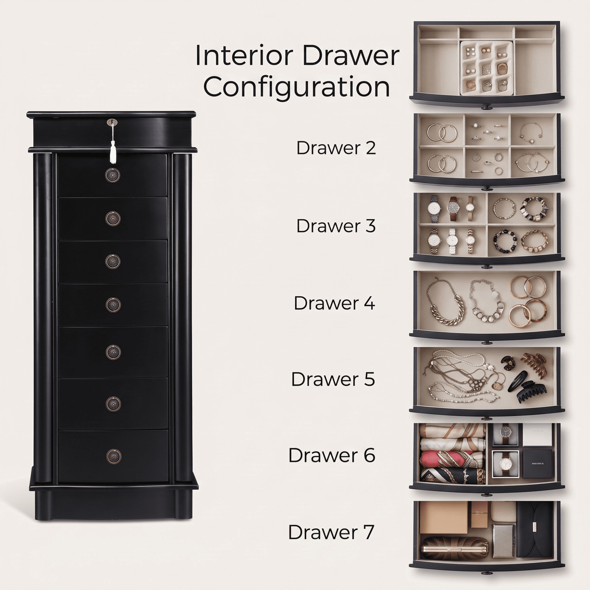 Hives and Honey Nora Traditional Jewelry Armoire with Locking Compartment and Ample Storage, Black
