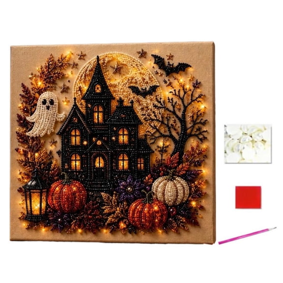 Halloween DIY Art Kit, Witch Hat&Black Cat Pearl Diamond Art Painting Kit Set, 8*8" Partial Drill Crystal Craft Set, Light Up Canvas Home Wall