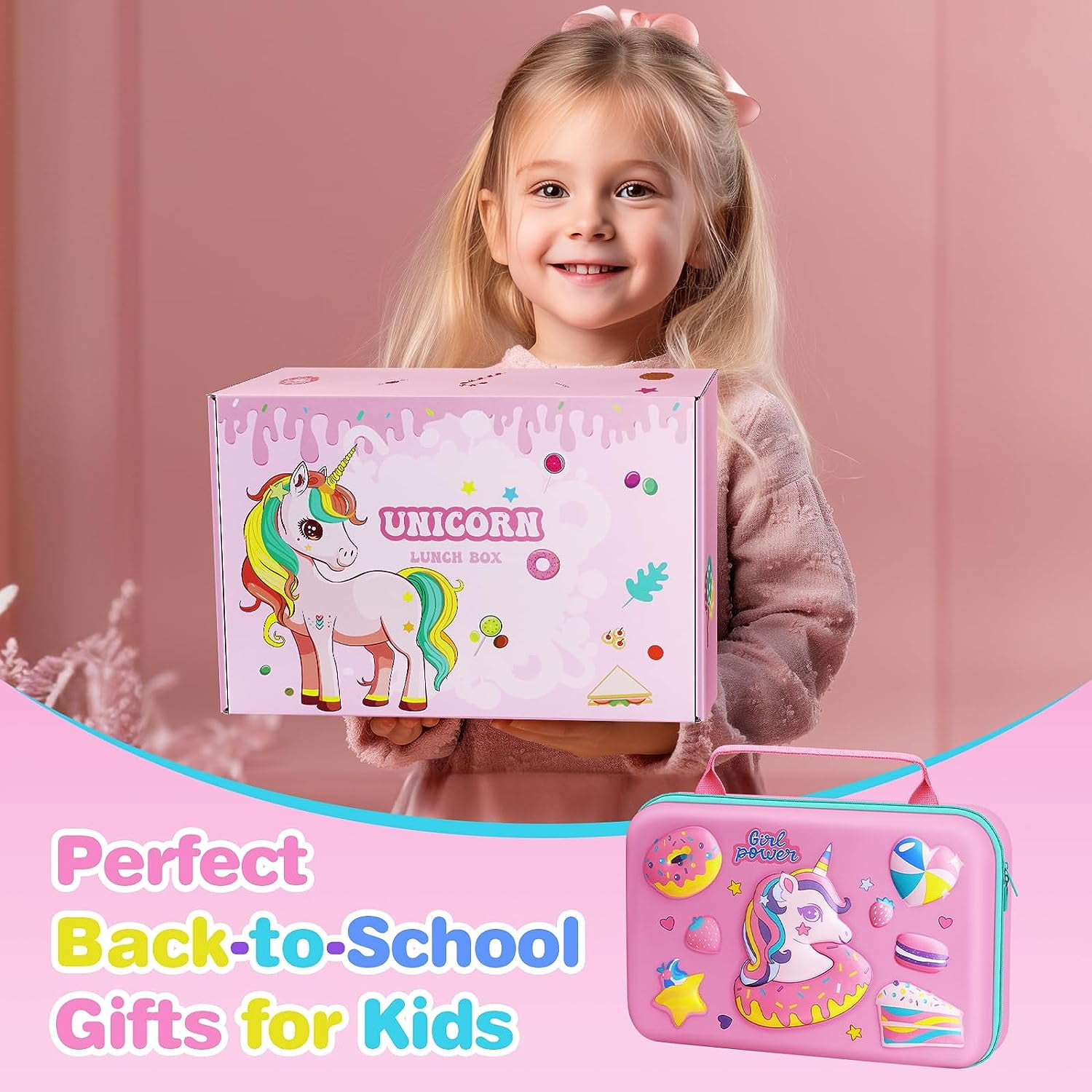 Personalised Girls KITTEN UNICORN Lunch Box CAT School Snack Sandwich Pink  Lunchbox KS149 