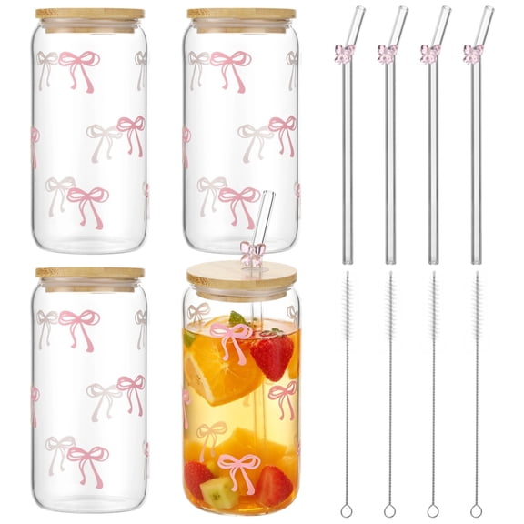 4 Pcs Glass Cups with Pink Bows, 16.9 fl oz Heat-Resistant Drinkware Set, Clear Iced Coffee Cups with Wooden Lids, Reusable Glass Straws, Cleaning Brushes for Home, Office, Gifts