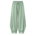 thumbnail image 4 of Womens Cropped Lace Hem Pants, Casual Drawstring High Waisted Wide Leg Trousers with Pockets for Summer Beach Wear, 4 of 7