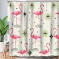 thumbnail image 3 of Flamingo Shower Curtain, Tropical Pink Bird Retro 60s 70s Bathroom Curtain Fabric Beige Cream Green Bath Decor , Hooks Included, 3 of 4