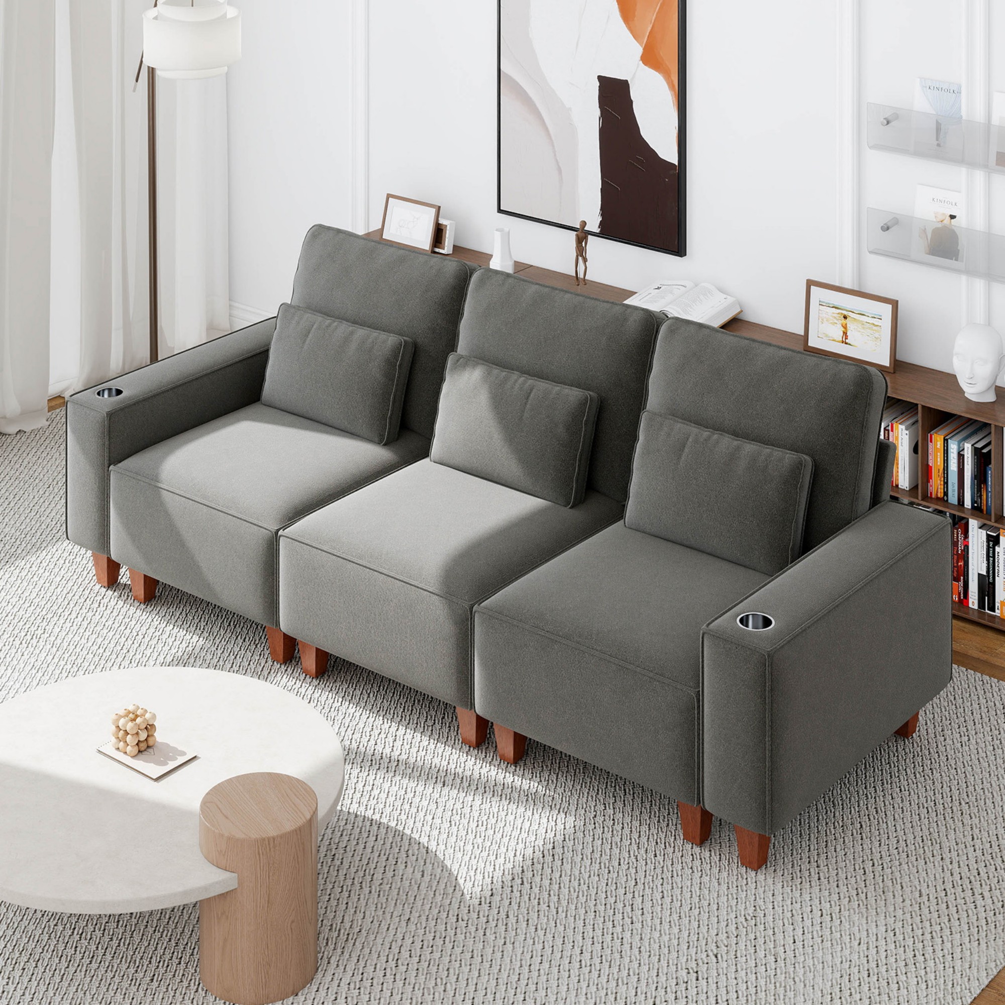 Gewnee Chenille 3 Seater Sofa with Wide Armrests,Cup Holders and Pillows,Comfortable WideSeat Sofa for Living Room or Apartment.Dark Grey