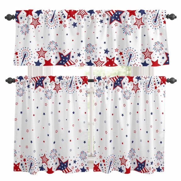 Red Blue Star 4th of July Kitchen Curtains Sets for Windows 36 Inch Length, Independence Day Fireworks Rod Pocket Window Treatments Tier Curtains and Valances Set for Bedroom/Bathroom