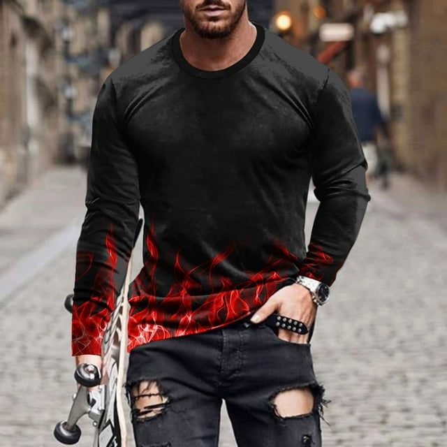 Meichang T-Shirt à Manches Longues pour Hommes Grands, T-Shirts Graphiques pour Hommes Décontractés à Imprimé Flamme 3D, T-Shirts Amusants à Col Rond Confortables à Manches Longues pour Hommes
