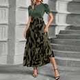 thumbnail image 4 of Women’s Short Sleeve Maxi Dress with Black Top and Pink Leaf Print Skirt, Elegant Casual Summer Dress for Ladies Army Green L, 4 of 6
