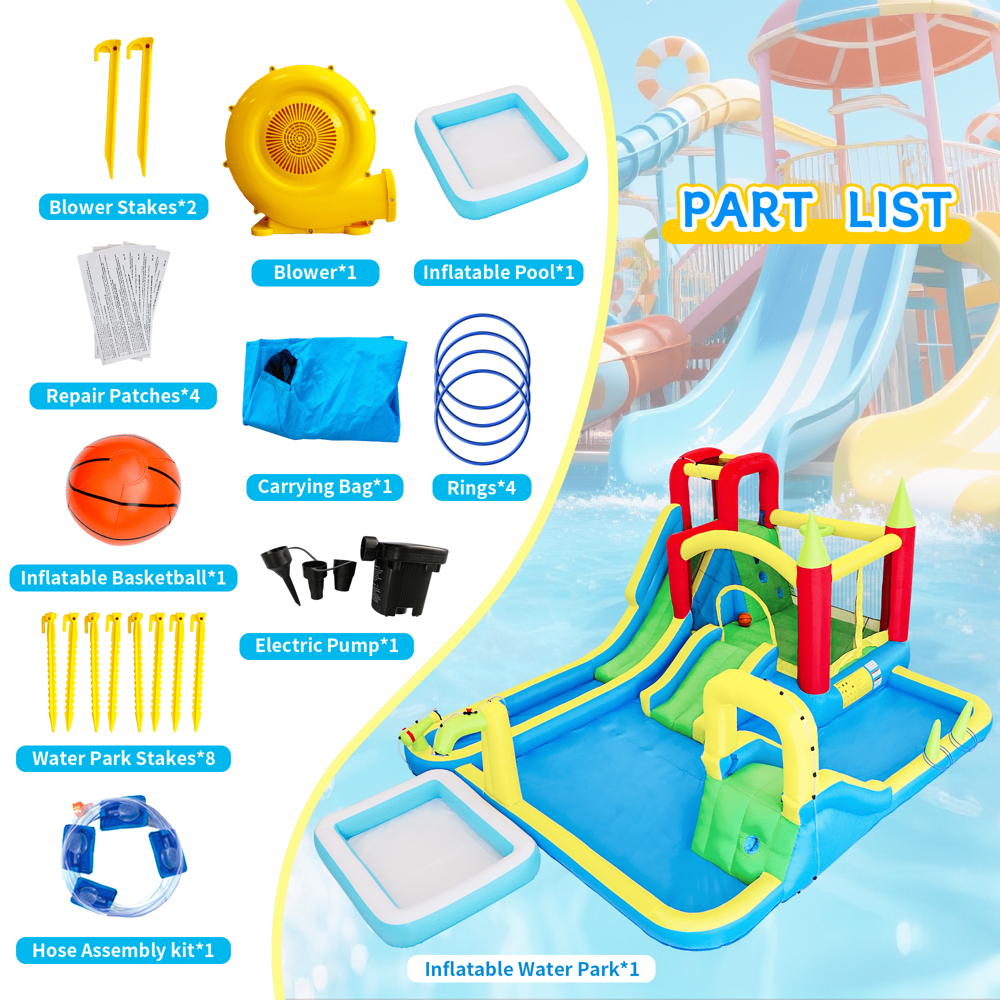 11-in-1 Inflatable Water Park Bounce Castle, Wet & Dry Slide with Pool, Water Gun, Trampoline, Climbing Wall, Basketball Hoop & Ring Toss, Indoor Outdoor Kids Play for Backyard Party