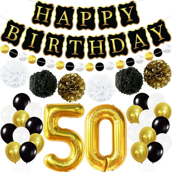 KatchOn, Happy 50th Birthday Decoration Set - Pack of 48 | Gold 50 Balloon Number 40 Inch | Black and Gold Happy Birthday Banner | 50th Birthday Decorations