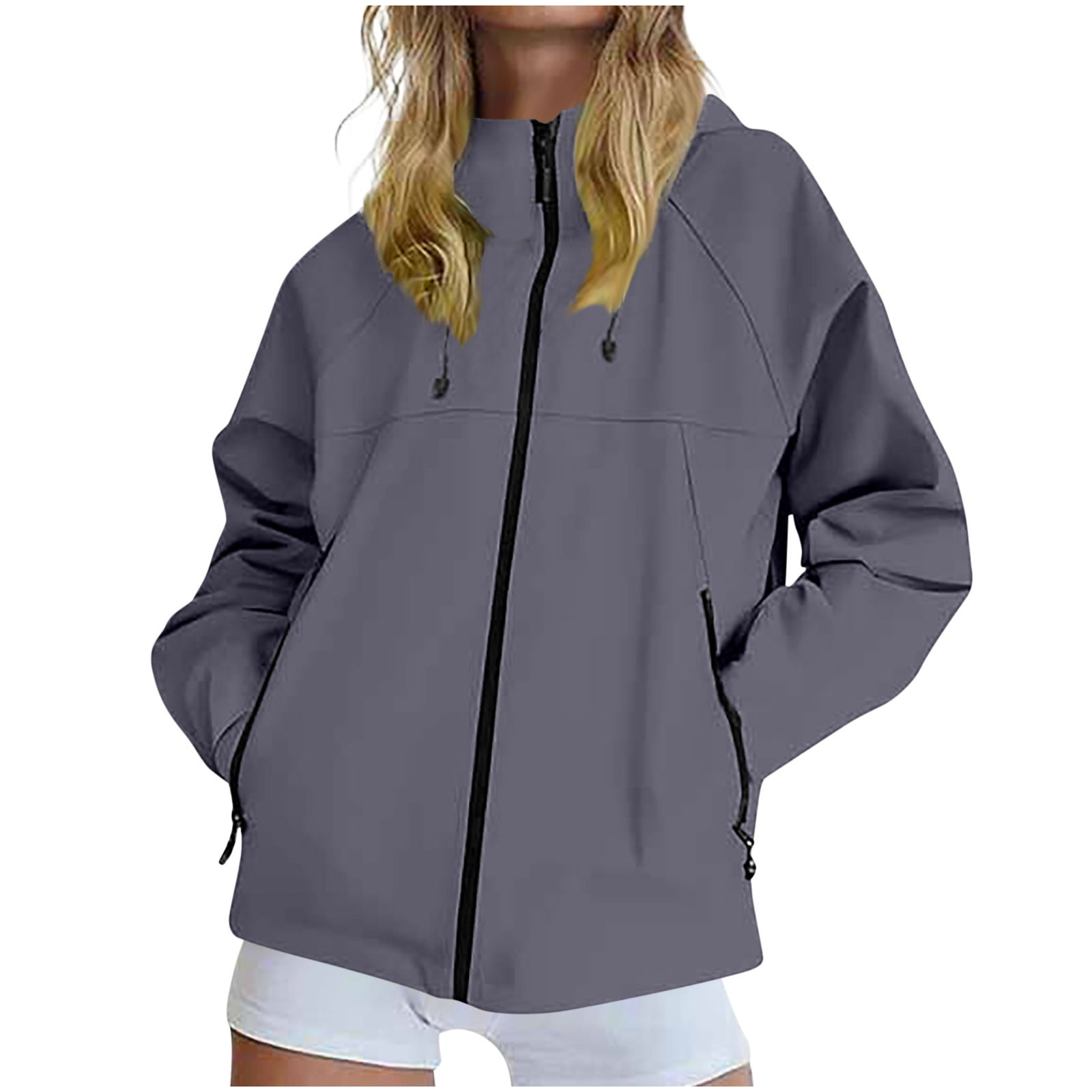 ylioge S-4X Plus Size Women Rain Jackets with Zipper Pockets and Hoodie Long Sleeve Casual Solid Color Zip Up Lightweight Waterproof Hiking Raincoats