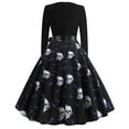 thumbnail image 3 of Robes d'Halloween Femmes Manches Longues Robe Cocktail Squelette Skull Imprimé Cosplay Costume de Fête (Skull,S), 3 of 5