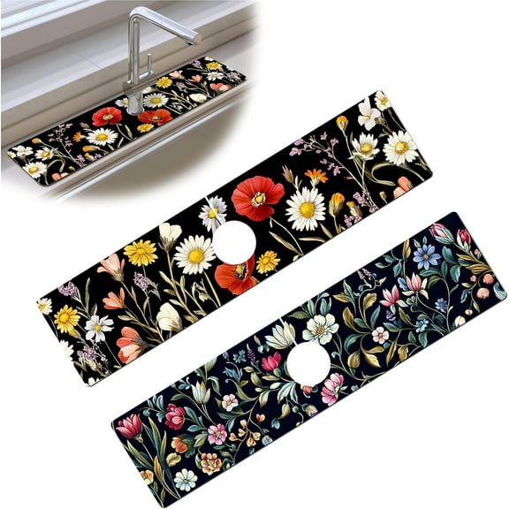 2 PCS Faucet Absorbent Mat, Kitchen Faucet Sink Splash Guard Wraparound Cloth Pads Drip Catcher for Sink Faucet for Kitchen Bathroom Faucet, Colorful Faucet Mat, 15 x 4 Inch