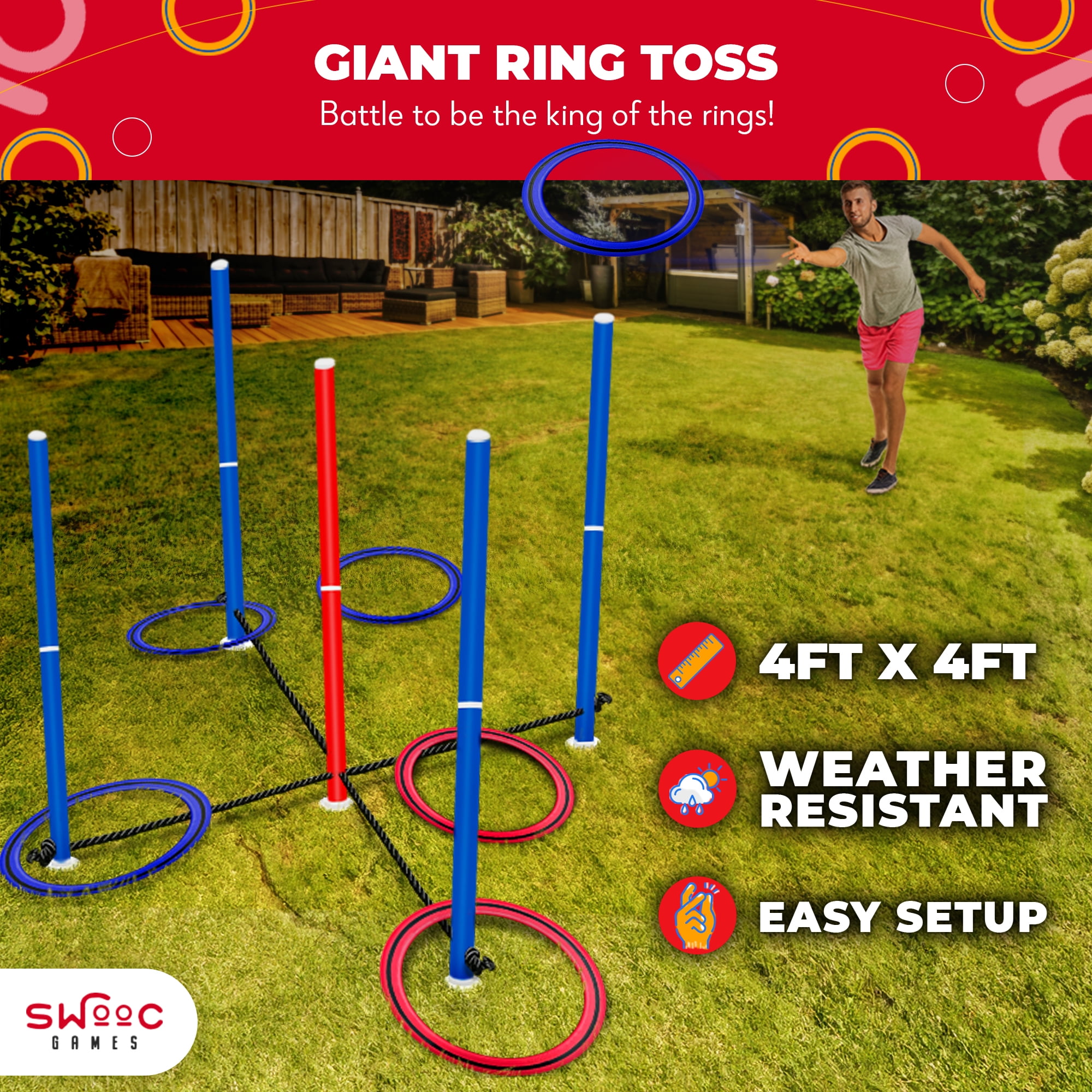 SWOOC Games - King Toss™ | Giant Ring Toss Game for Kids and Adults (4ft x 4ft) | Weatherproof Giant Outdoor Games for Adults and Family | Backyard Games | Giant Yard Games | Outside Lawn Games