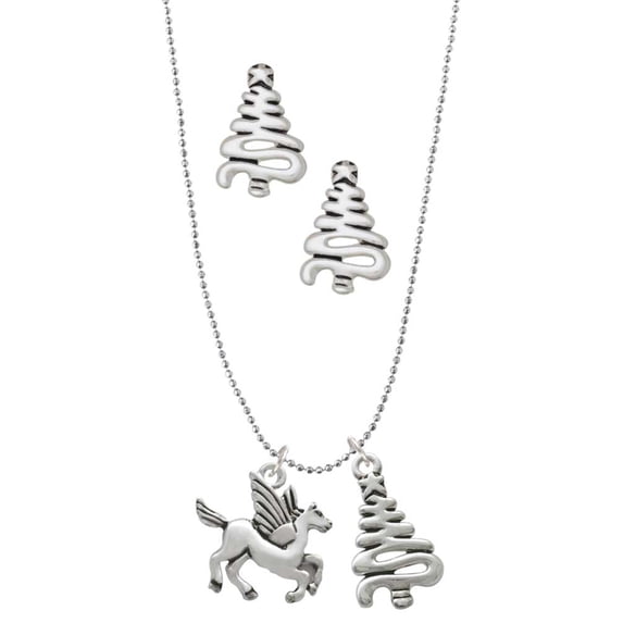 Delight Jewelry Silvertone Medium Pegasus Silver tone Zig Zag Christmas Tree Charm Necklace and Stud Earrings