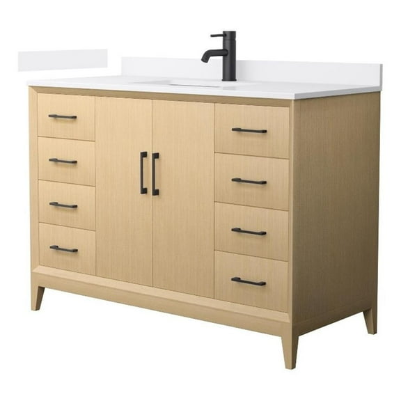 Janna 48" White Oak Single Vanity & White Cultured Marble Top & Black Trim