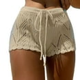 thumbnail image 5 of Skymirror Women Beach Shorts Hollow Out Knitted Lace Drawstring Elastic Waist Solid Color Soft Breathable Loose High Waist Summer Bikini Shorts, 5 of 8