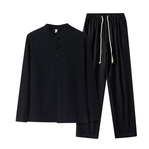 JIKNTTR Men's Summer Clothing Sets Mens Retro Linen Long Sleeved Shirt Set With Mens Buckle Two Piece Set Leisure Walking Suit