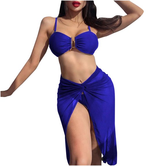 Yuanlook Bikini Sets for Women with Skirts 3 Piece Swimsuit Triangle Bikini Top Thong Bottoms and Long Sheer Cover Up Skirt,Blue,M