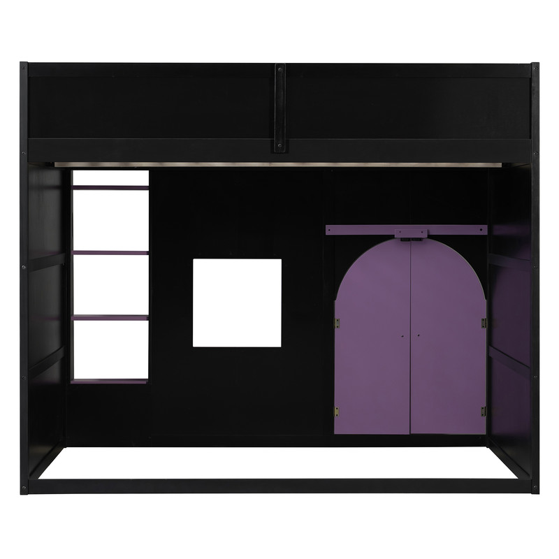 Full Size Playful Child Loft Bed with Doors & Window, Wood Kids House Bed Frame with Light Strip & Built-In Ladder