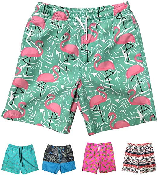 Flamingo Birds with Palm Trees Boys Beach Swim Shorts,Quick Dry Little Kid Beach Board Shorts Swimsuit BoysSwim Trunks 