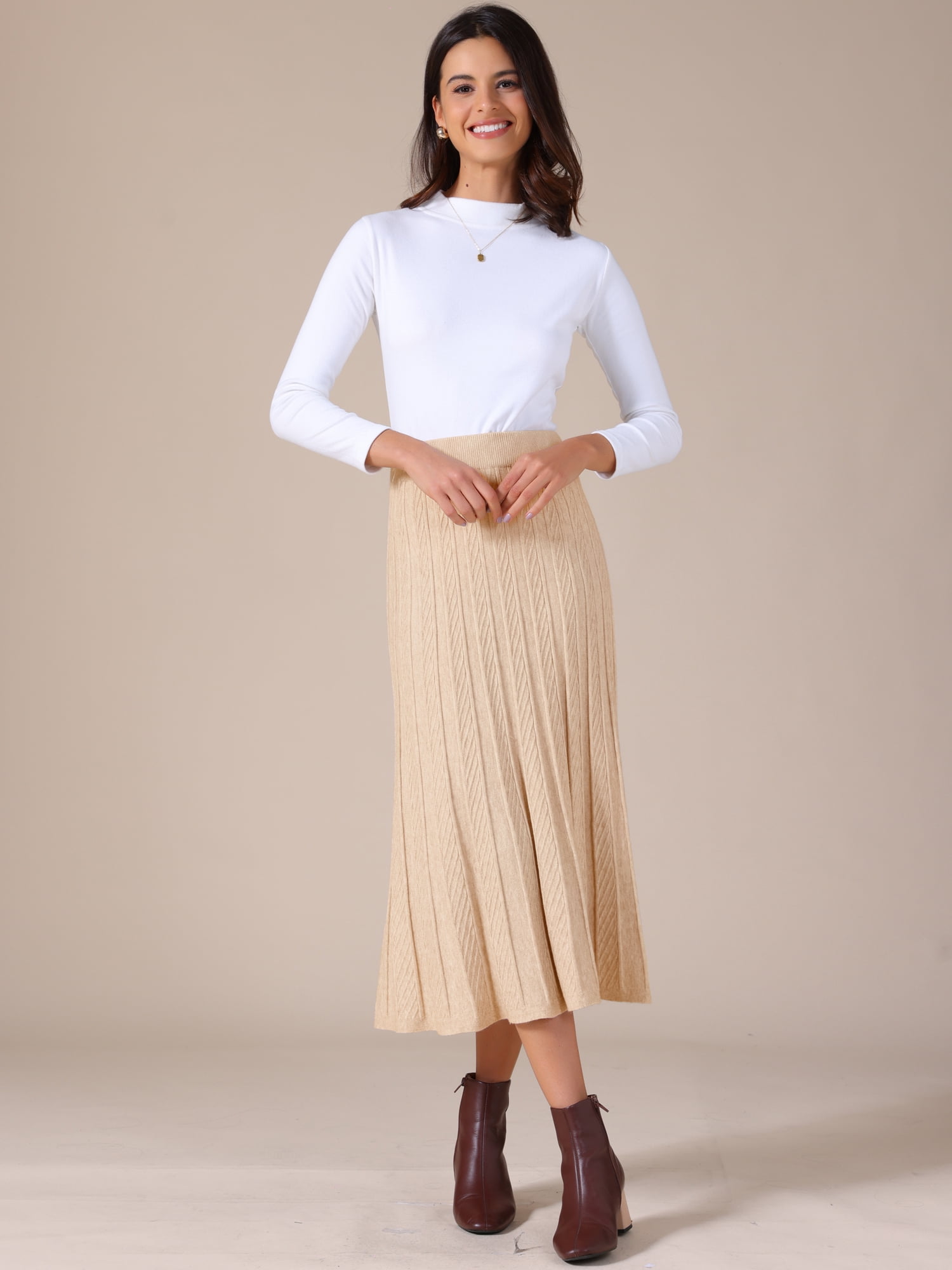 DARING DIVA Women's Sweater Pleated A Line Knit Midi Skirt Large Khaki