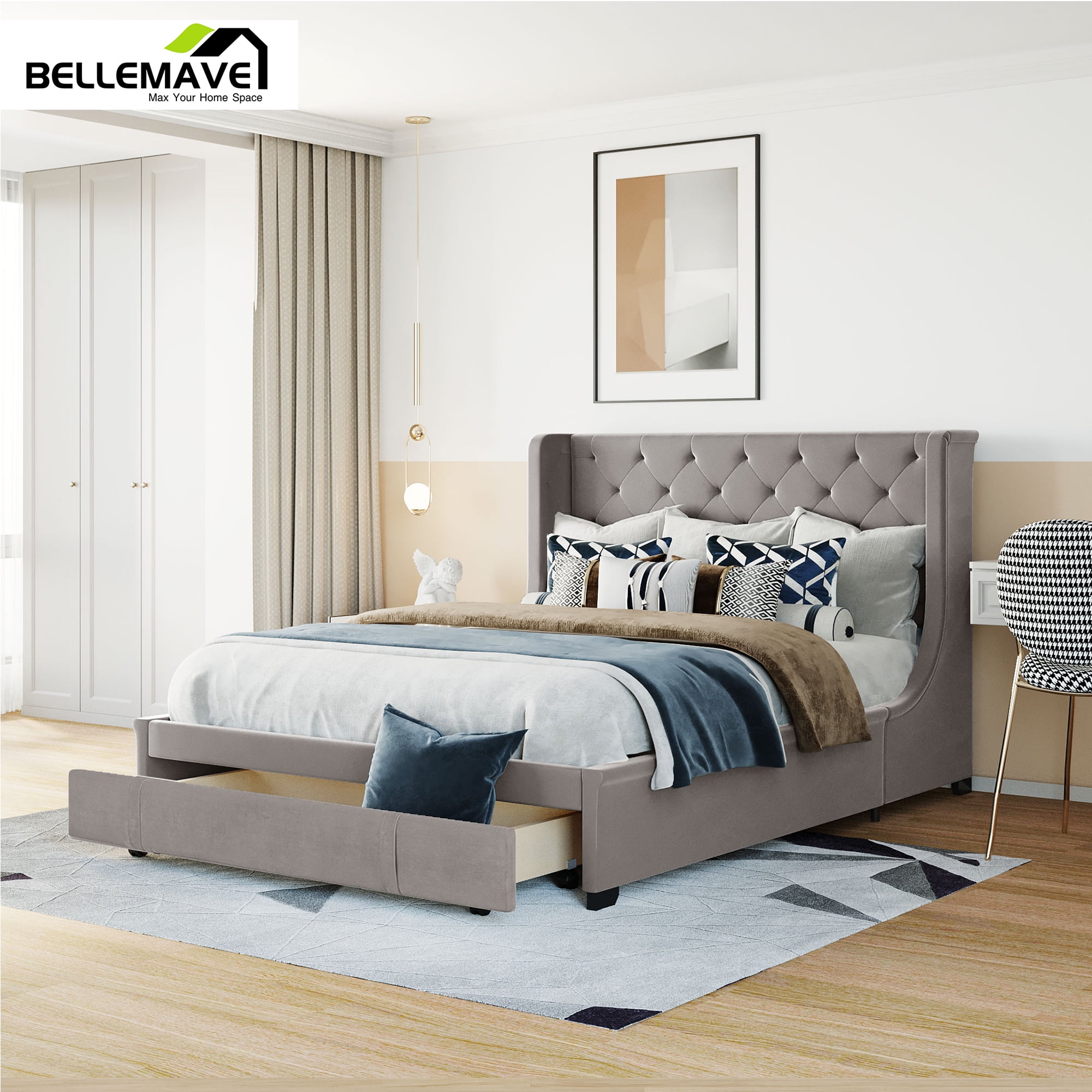 Bellemave Queen Upholstered Platform Bed Frame with Drawer, Storage Bed