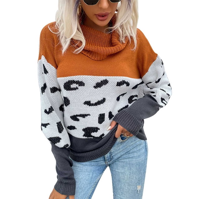 Suéter de mujer con estampado de leopardo, color de contraste, cuello alto, mangas caídas, suéter, color tostado claro S