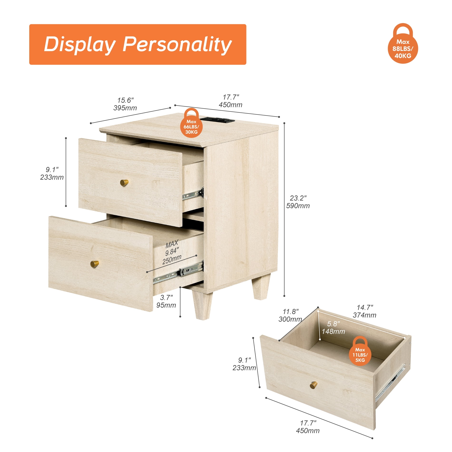 WAMPAT Dresser and Nightstand Set of 4, Wood Dressers with 9 Drawers, Nightstand with Charging Stations for Living Room, Natural Oak