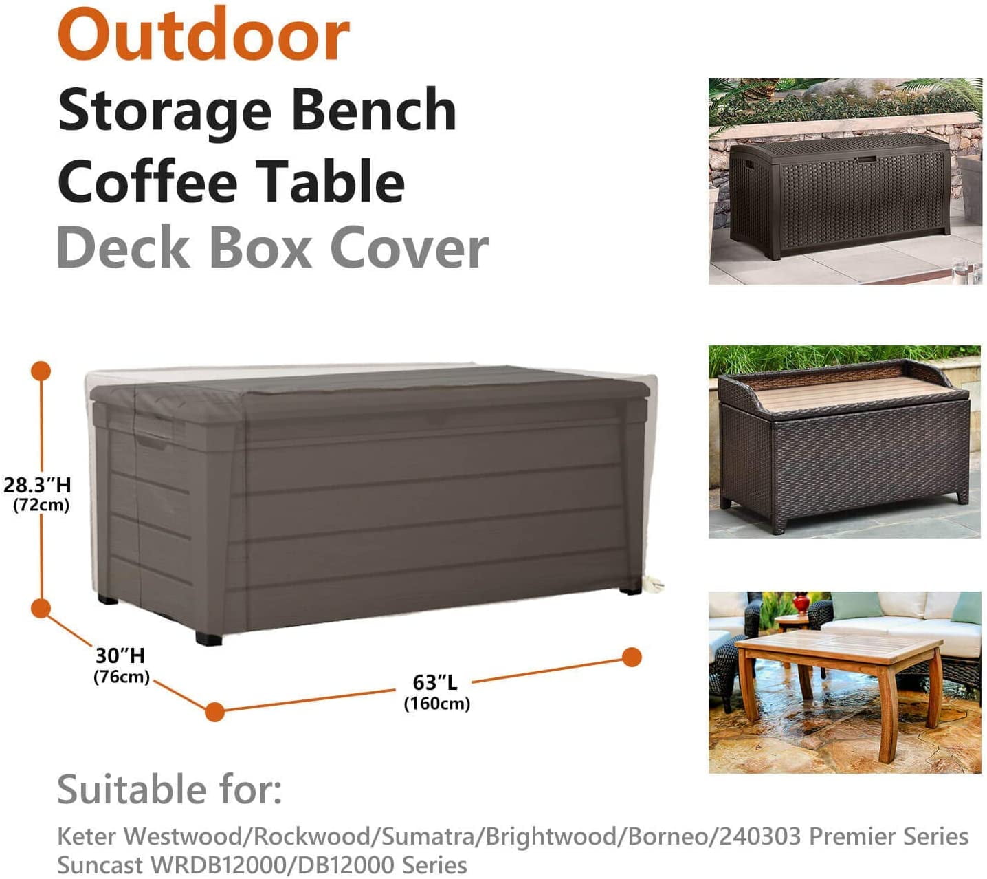 Patio Deck Box Cover, Flexiyard 63x30 Inch Fire Pit Covers with Straps and Handles, Waterproof Heavy Duty Outdoor Furniture Winter Cover for Keter, Suncast, Lifetime Container, 63”(L)30”(D)28.3”(H)