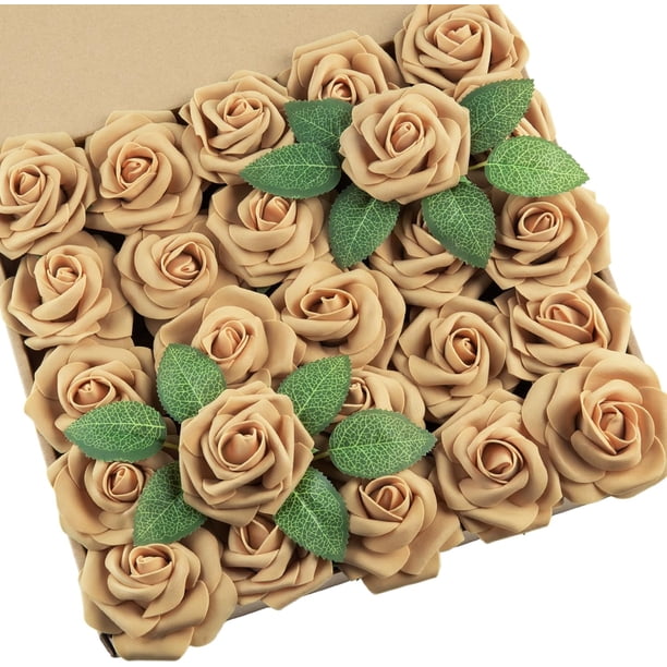 25 Rosas Artificiales con Tallos y Flores de Espuma de Tacto Real para Bricolaje, Ramo de Boda, Centro de Mesa, arreglo Floral, Fiesta, decoración del hogar (Oro Claro)