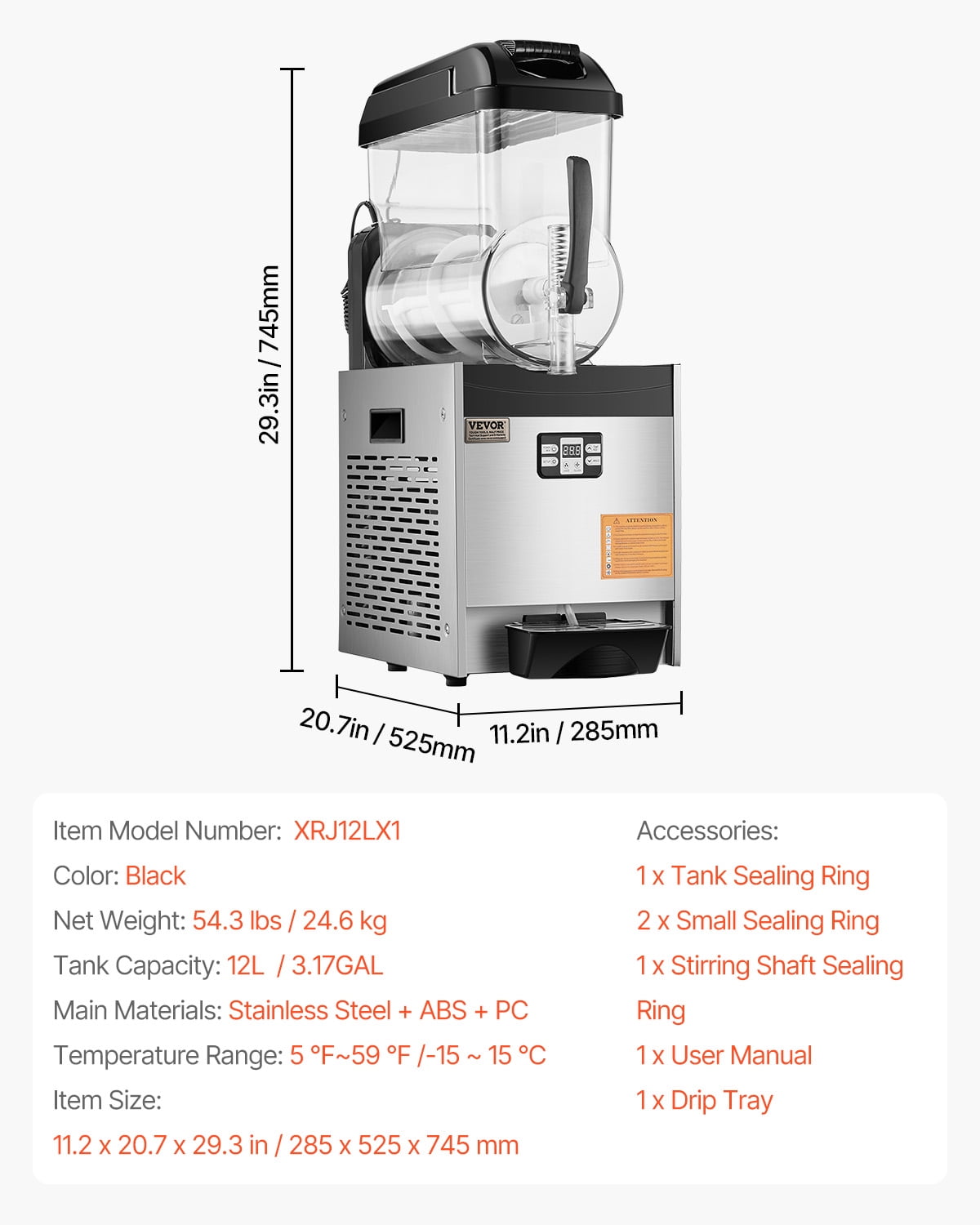 VEVOR Commercial Slushy Machine, 12L Single Tank Frozen Drink Machine, 48 Cups Stainless Steel Margarita Smoothie Frozen Drink Maker, Slushie Maker