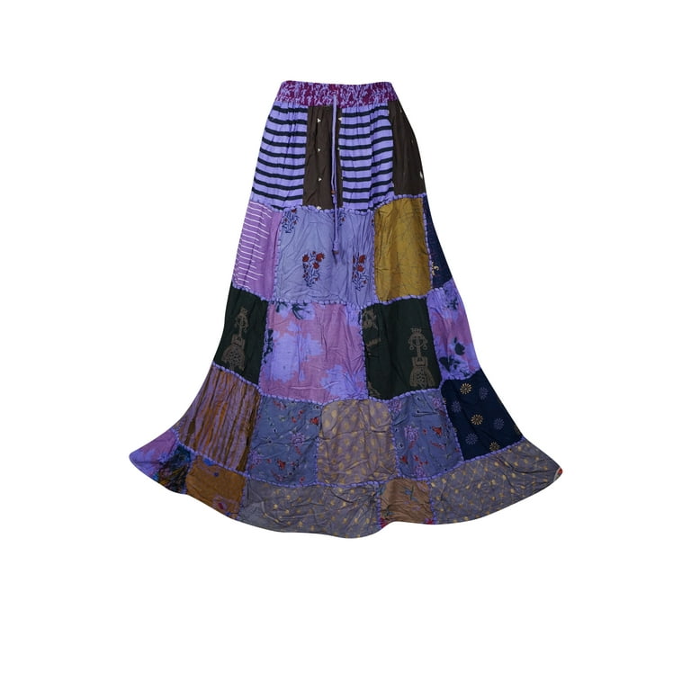 Mogul Interior Women Patchwork Skirt Long Boho Chic Colorful Unique Gypsy Tiered Maxi Skirt