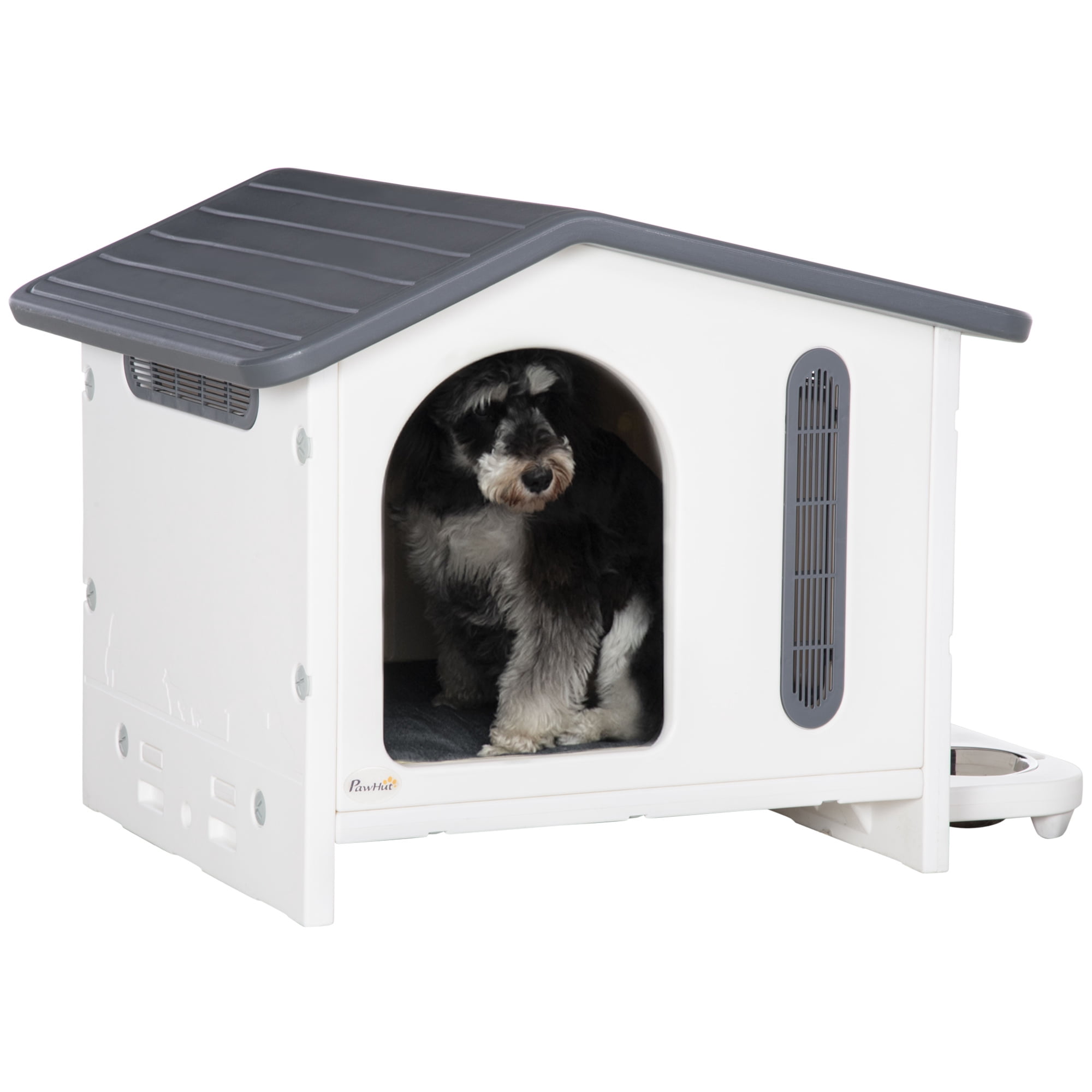 PawHut Plastic Dog House with Air Vents, Small Dog House with Door Opening,  Elevated Floor, Bowl Holder, Bowls, Soft Washable Cushion, for Small