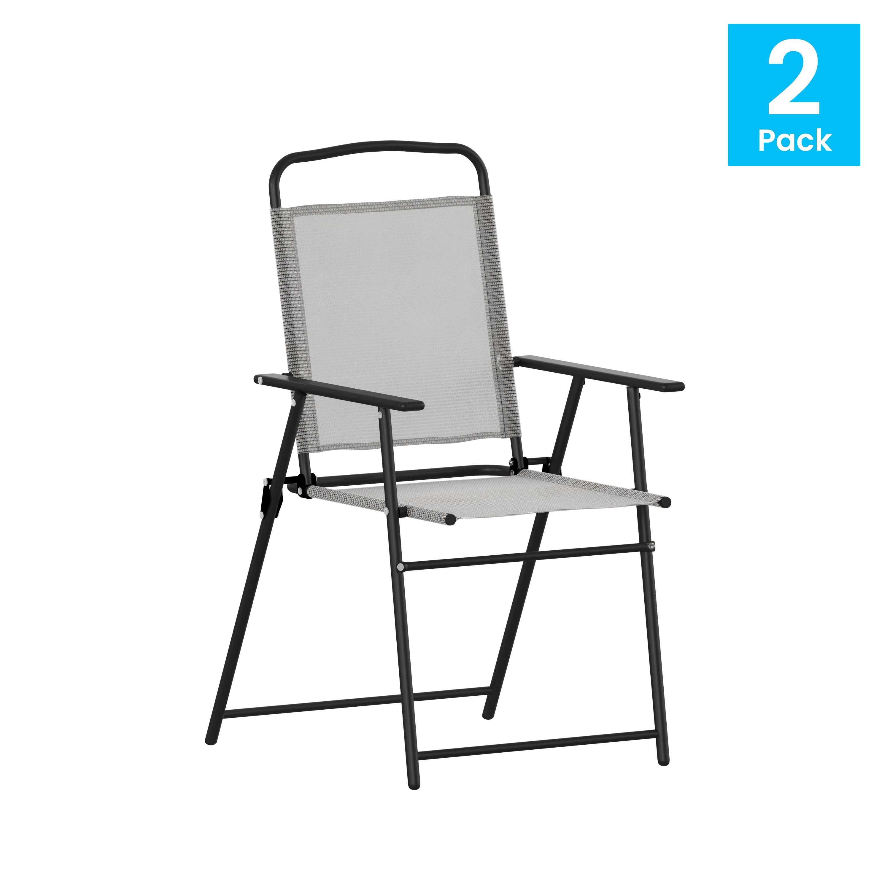 BizChair Set of 2 Folding Patio Sling Chairs, Outdoor Textilene Lawn Chairs with Armrests in Gray