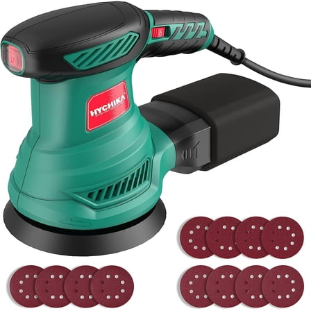 5-Inch Random Orbital Sander, HYCHIKA 13000RPM Electric Orbital Sander with 6 Various Speeds, Palm Sander with 12 Pcs Sandpapers, 1 Pcs Dust Bag, Fit for Woodworking/Sanding