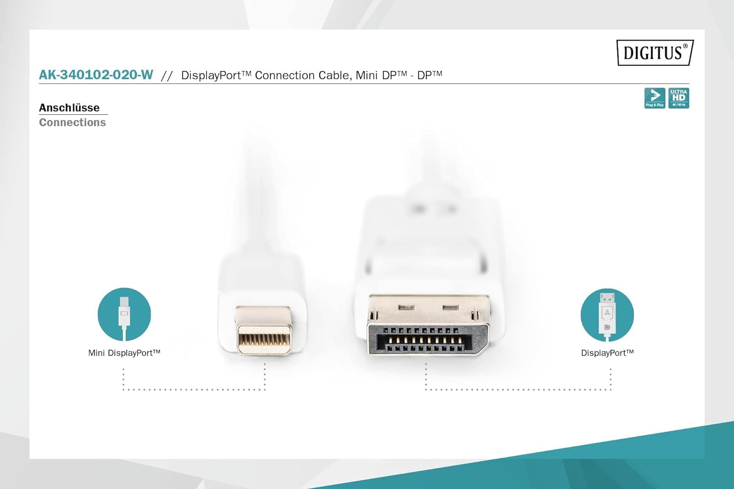 Digitus 2m Mini DP Male to DP Male DisplayPort Connection Cable - White UHD 4K - miniDP -> D
