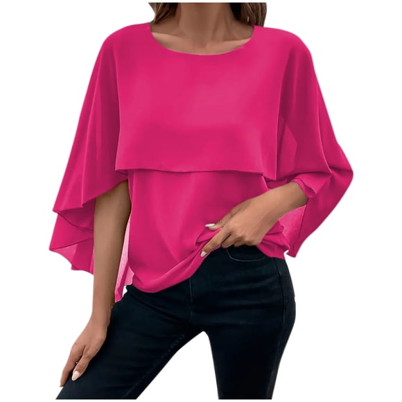 Women's Casual Tops, Summer Blouses Round-Neck Solid Color Dolman Sleeve Fashion T-Shirts, Breathable Tops for Daily Wear